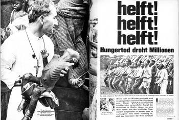 Historical image showing starving children during the Biafra War with German newspaper headline 'helft!' (help!)